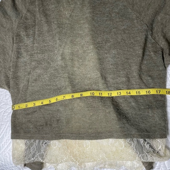 A'REVE Anthropologie Kimono Sleeve Lace Bottom Tie Back Brown Knit Top Size L - Picture 8 of 12